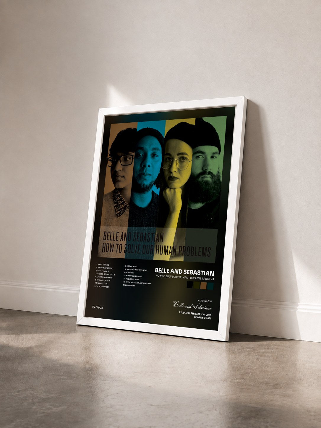 #blanc Tableau de l'album How To Solve Our Human Problems Parts 1-3 de Belle and Sebastian vu de trois quarts, cadre blanc