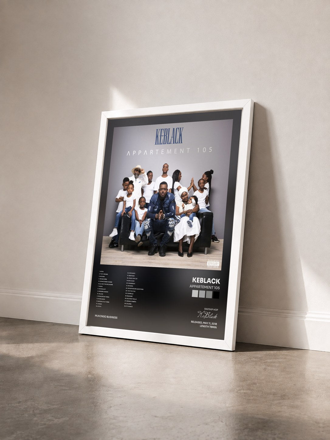 #blanc Tableau de l'album Appartement 105 de KeBlack vu de trois quarts, cadre blanc