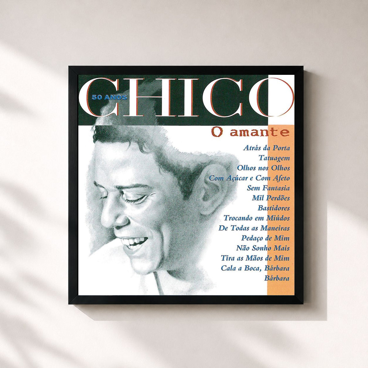 #noir Tableau carré de l'album Chico 50 Anos - O Amante de Chico Buarque, cadre noir 32x32 cm