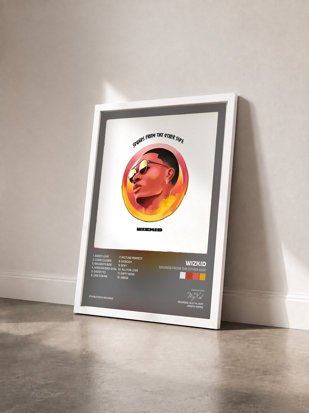 #blanc Tableau de l'album Sounds From The Other Side de WizKid vu de trois quarts, cadre blanc