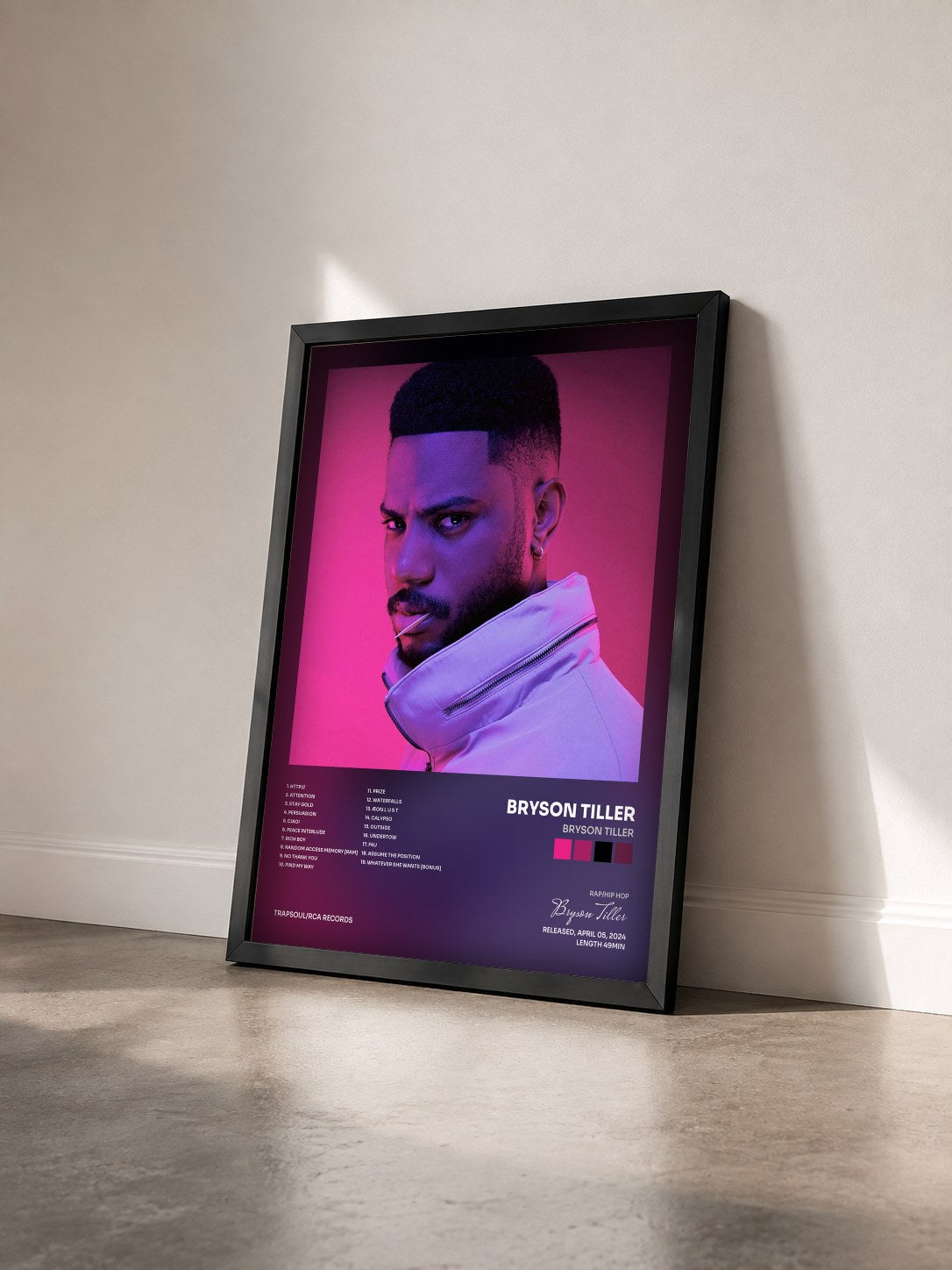 #noir Bryson Tiller by Bryson Tiller as a framed art print seen at an angle, black frame