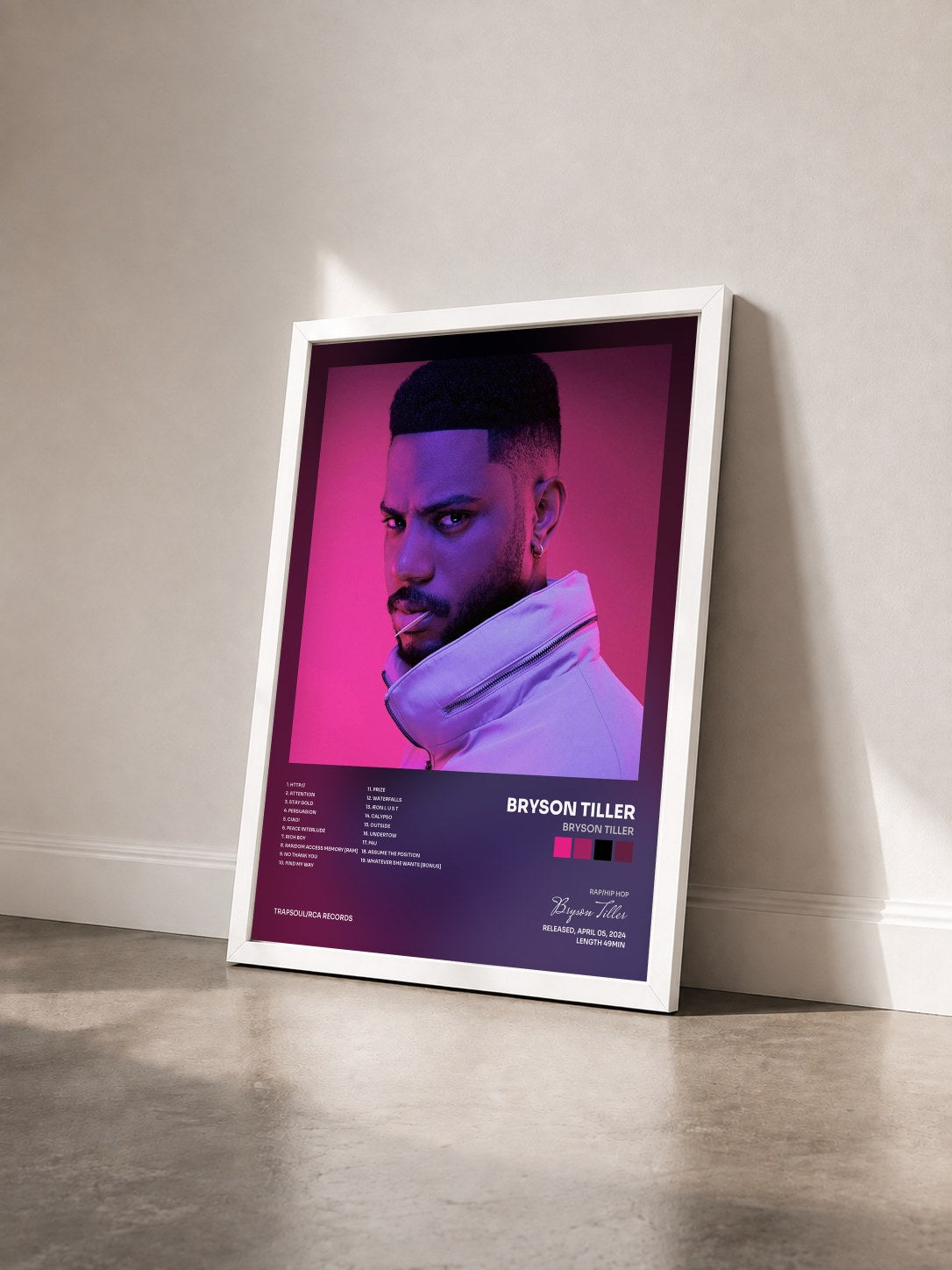 #blanc Bryson Tiller by Bryson Tiller as a framed art print seen at an angle, white frame