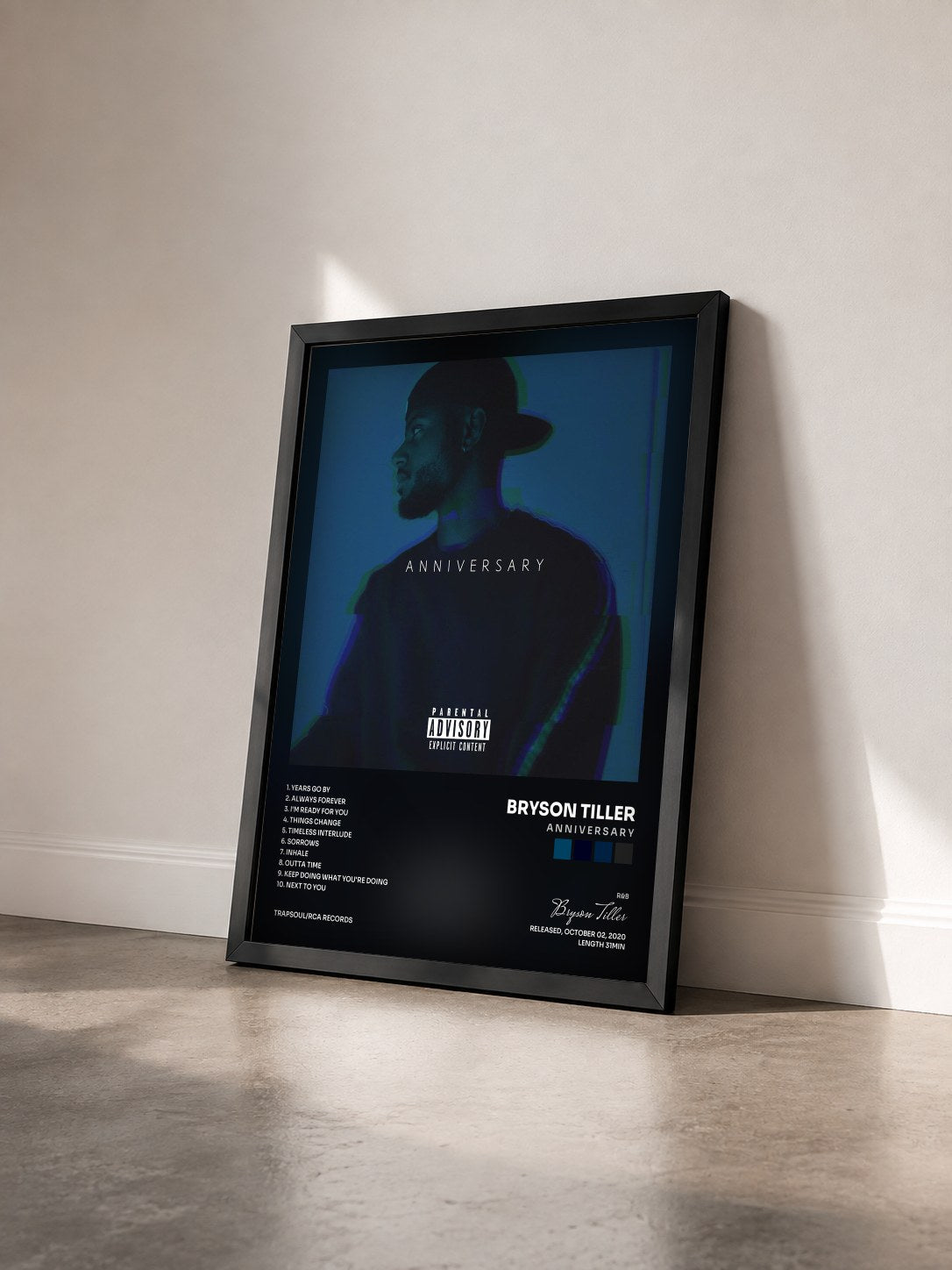#noir A N N I V E R S A R Y by Bryson Tiller as a framed art print seen at an angle, black frame