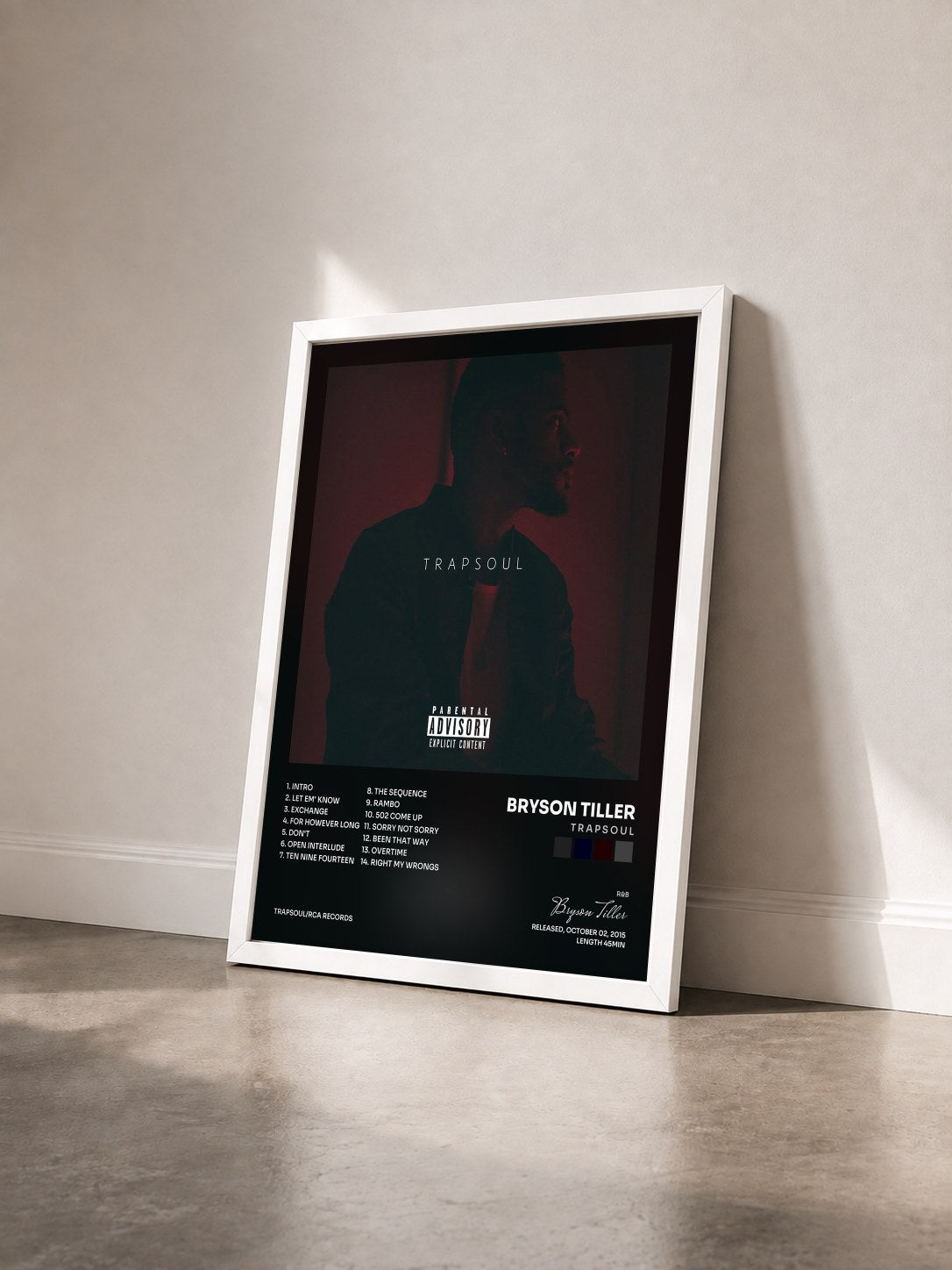 #blanc Tableau de l'album T R A P S O U L de Bryson Tiller vu de trois quarts, cadre blanc
