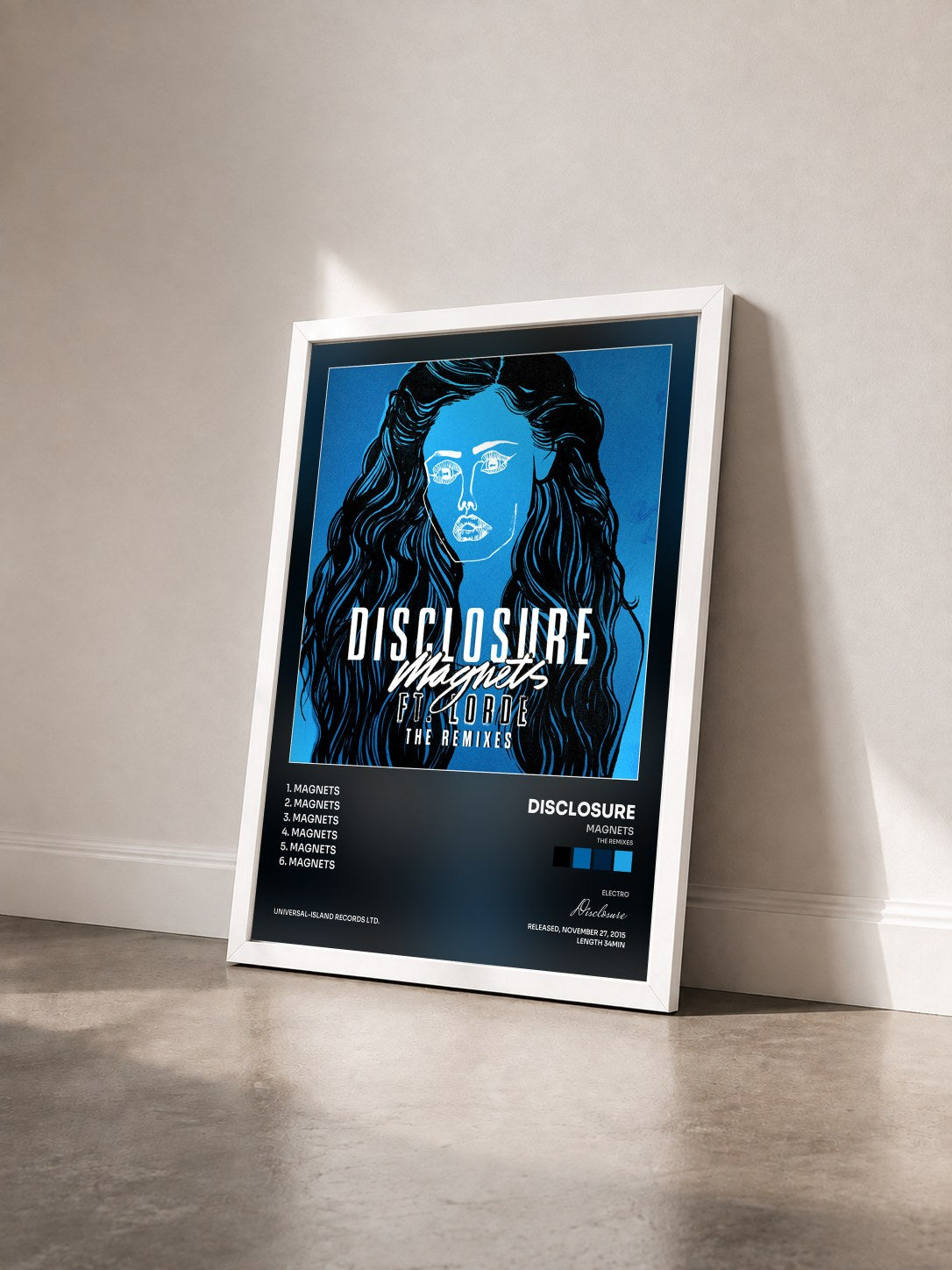 #blanc Tableau de l'album Magnets (The Remixes) de Disclosure vu de trois quarts, cadre blanc