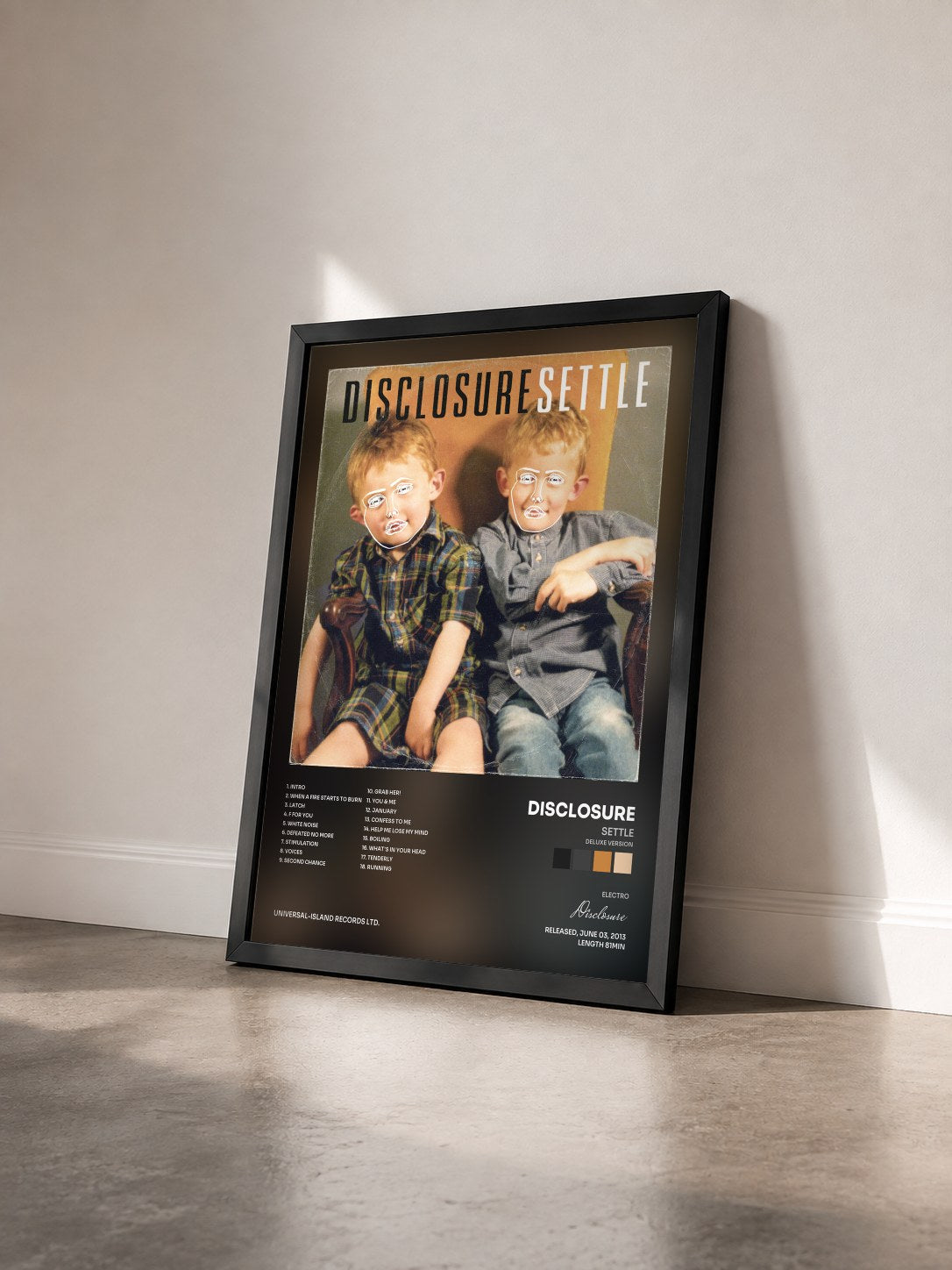 #noir Settle (Deluxe Version) by Disclosure as a framed art print seen at an angle, black frame