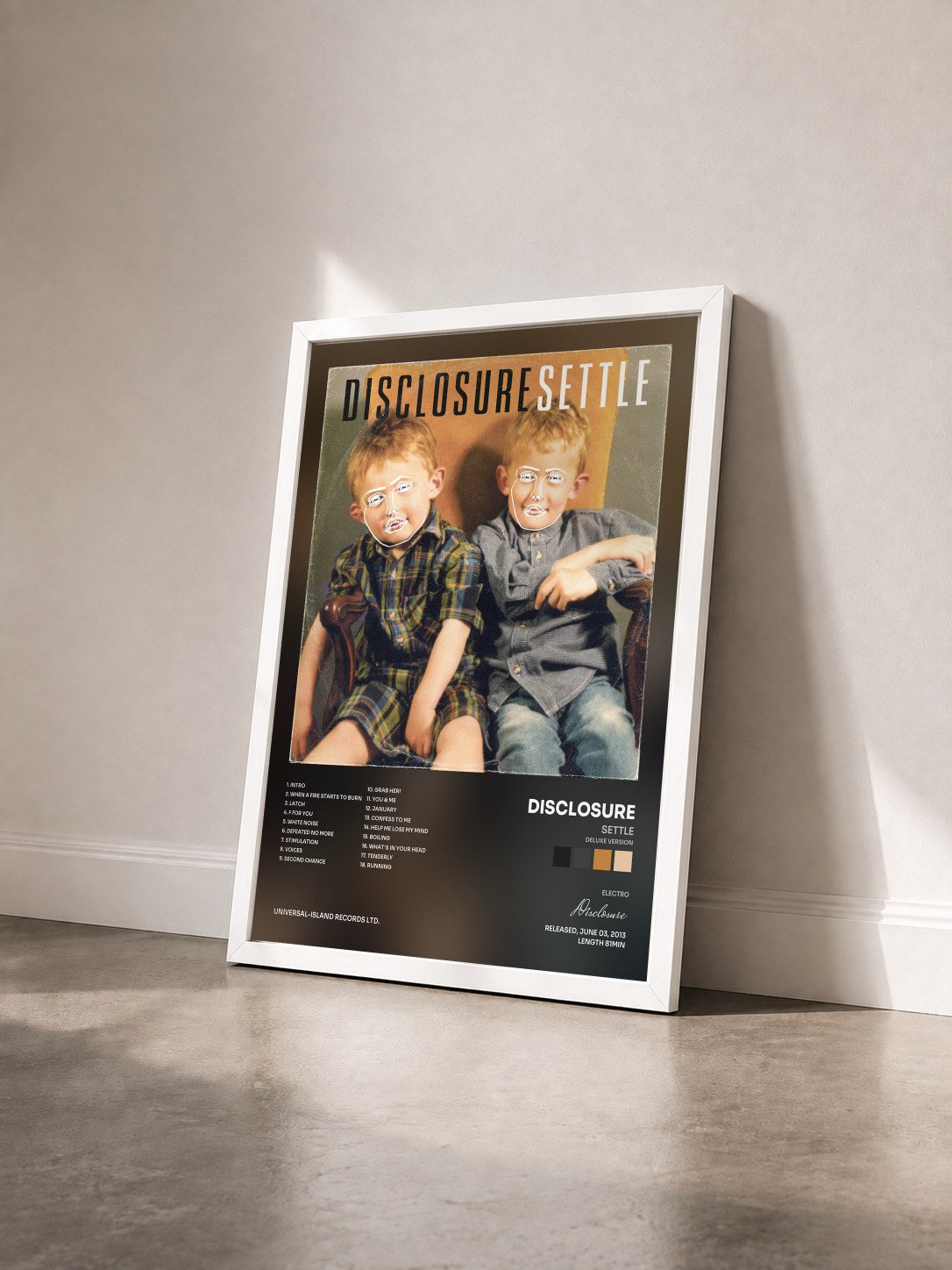 #blanc Settle (Deluxe Version) by Disclosure as a framed art print seen at an angle, white frame