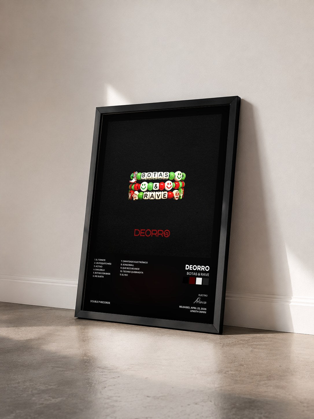 #noir BOTAS & RAVE by Deorro as a framed art print seen at an angle, black frame