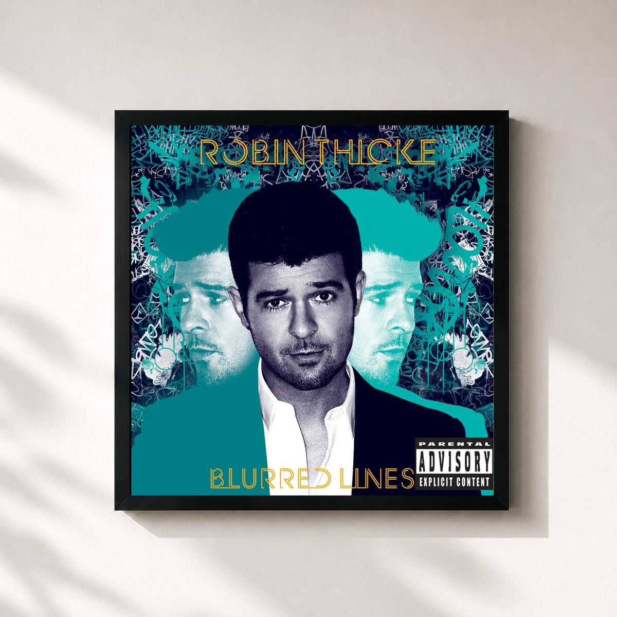 #noir Tableau carré de l'album Blurred Lines de Robin Thicke, cadre noir 32x32 cm