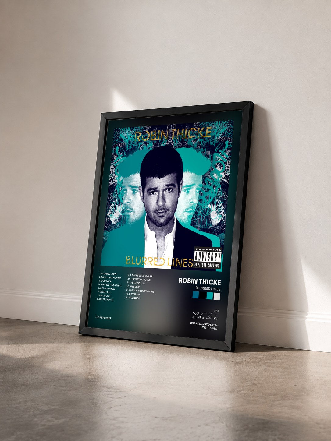 #noir Tableau de l'album Blurred Lines de Robin Thicke vu de trois quarts, cadre noir