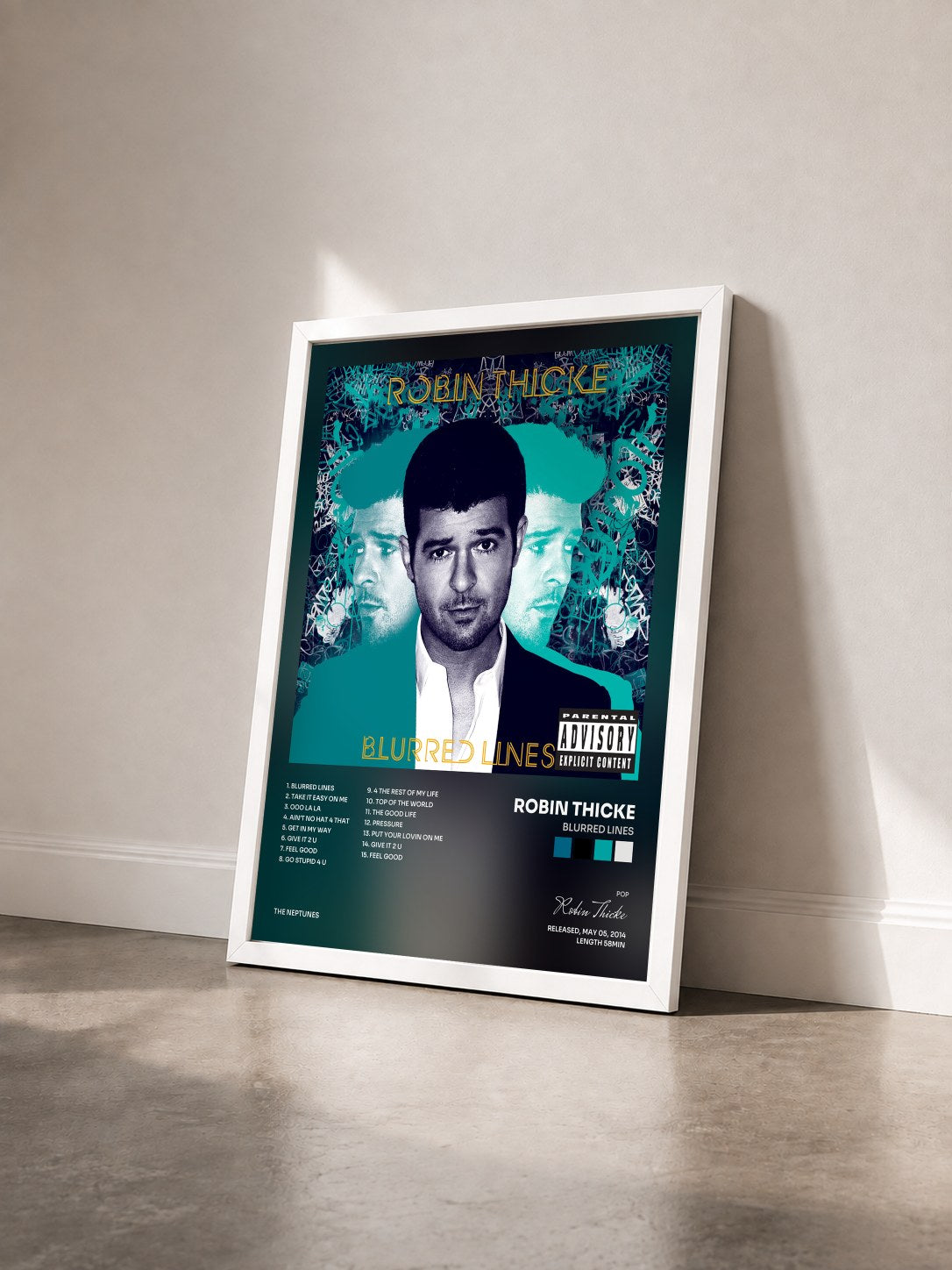#blanc Tableau de l'album Blurred Lines de Robin Thicke vu de trois quarts, cadre blanc