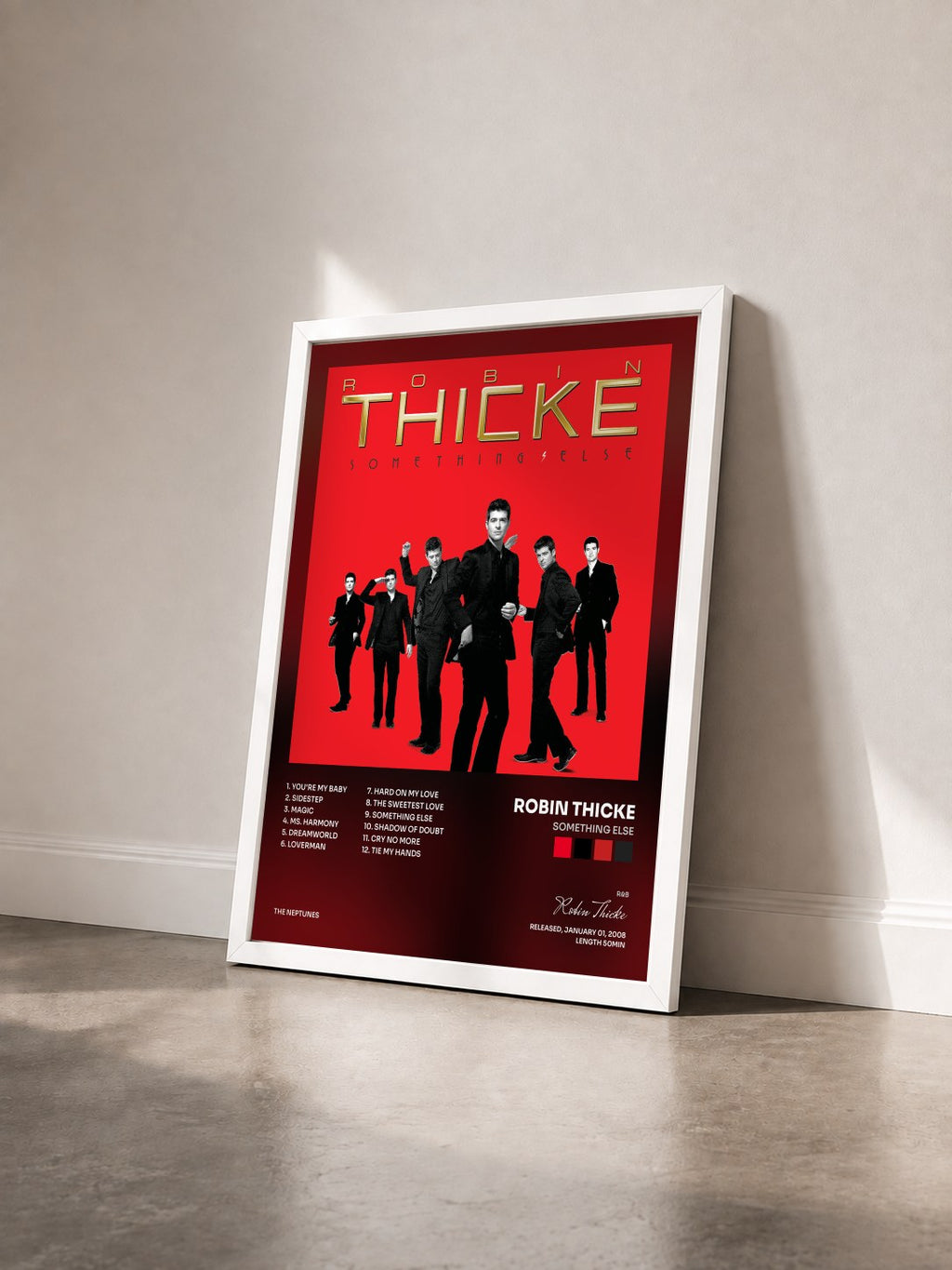 #blanc Tableau de l'album Something Else de Robin Thicke vu de trois quarts, cadre blanc