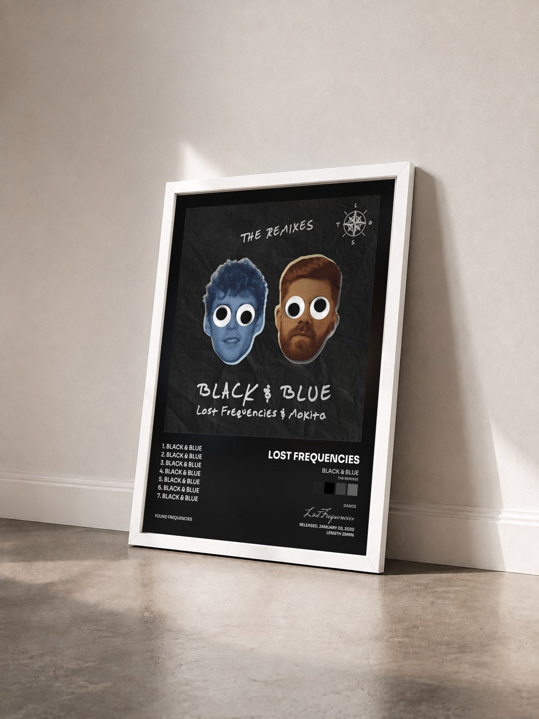 #blanc Black & Blue (The Remixes) di Lost Frequencies in stampa incorniciata vista di tre quarti, cornice bianca