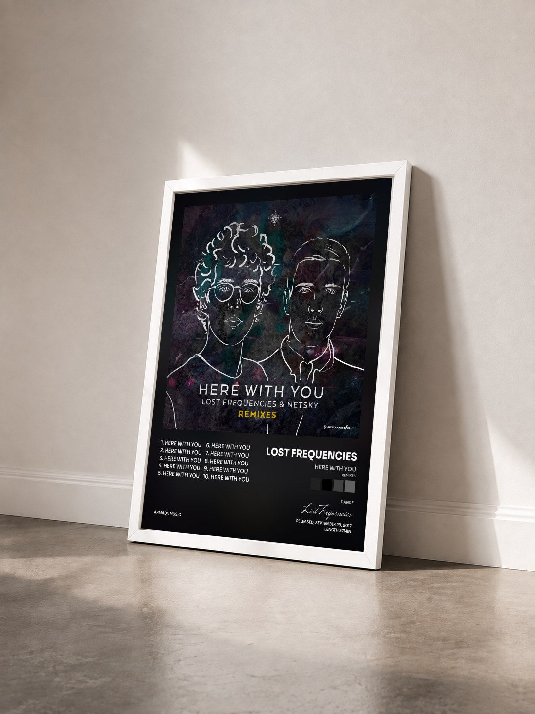 #blanc Here With You (Remixes) di Lost Frequencies in stampa incorniciata vista di tre quarti, cornice bianca