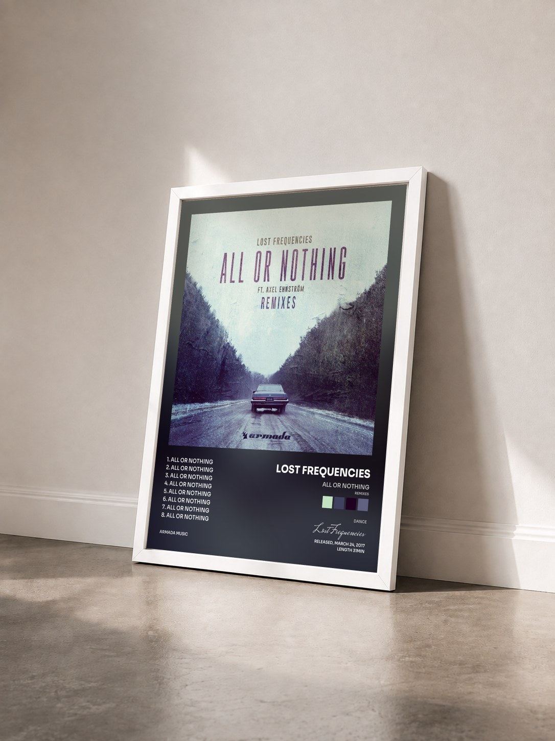 #blanc Tableau de l'album All Or Nothing (Remixes) de Lost Frequencies vu de trois quarts, cadre blanc
