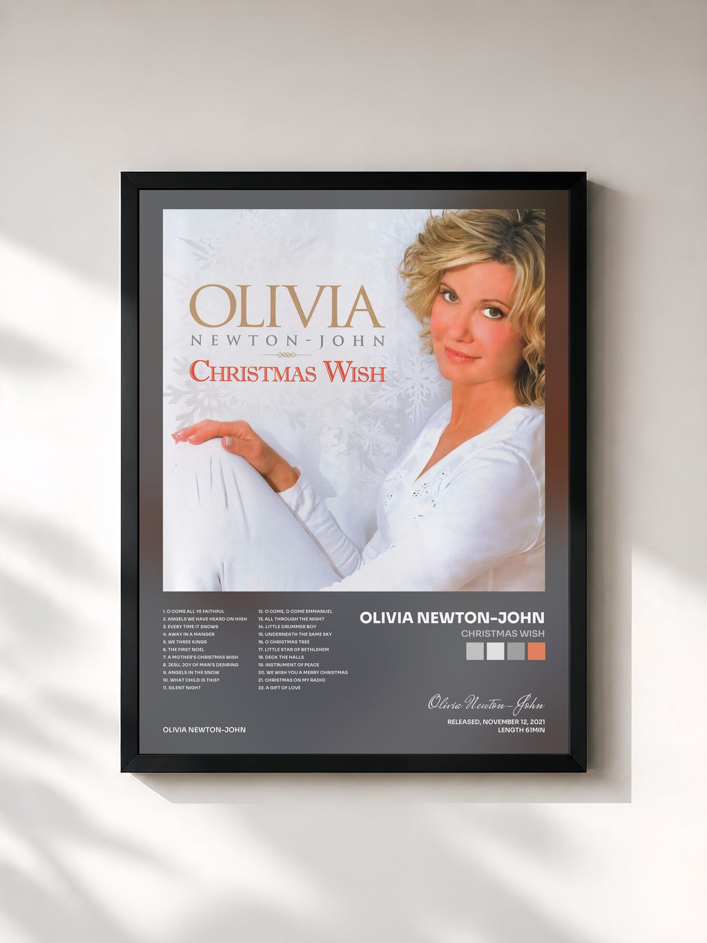 #noir Tableau de l'album Christmas Wish de Olivia Newton-John, cadre noir, imprimé et encadré en France