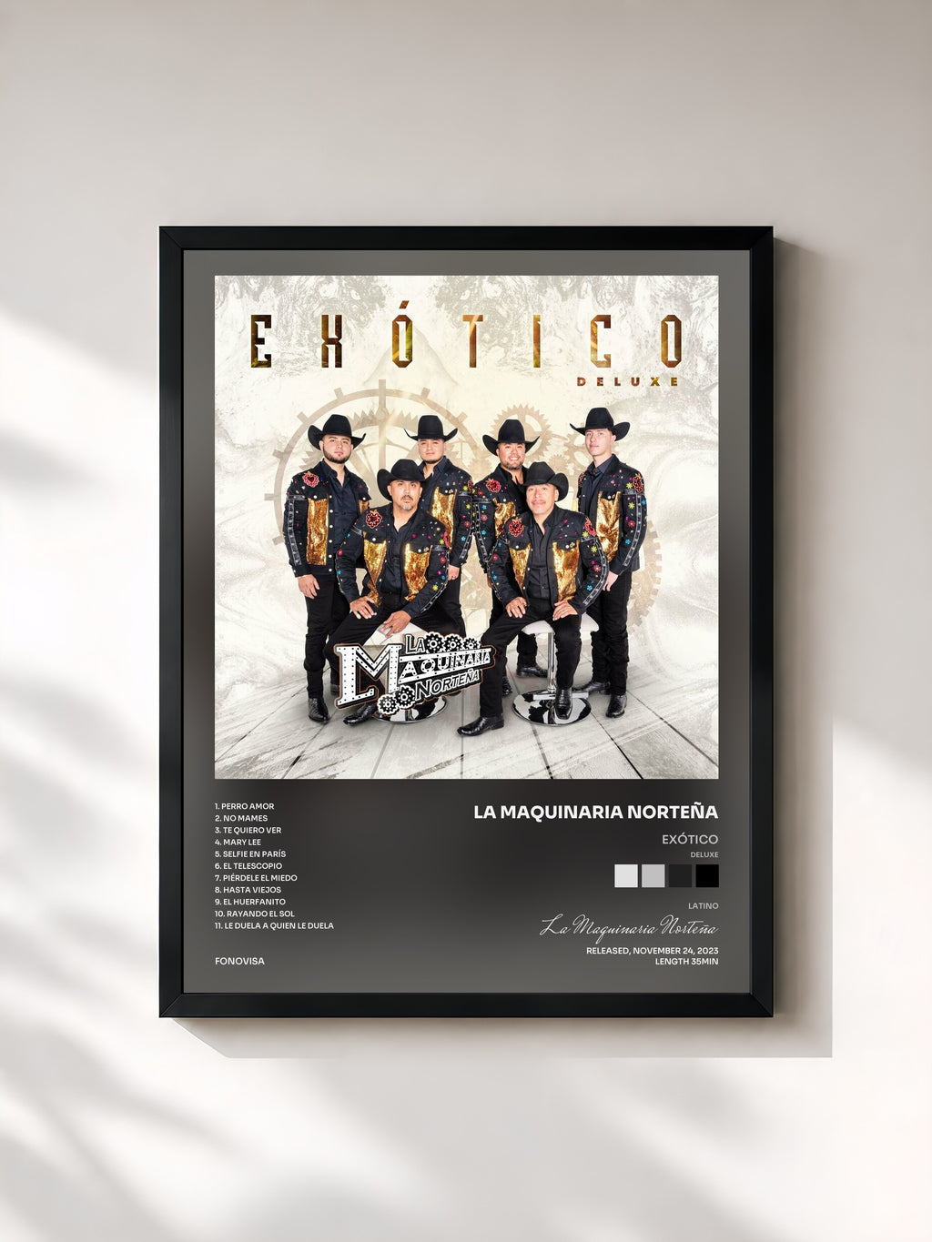 #noir Tableau de l'album Exótico (Deluxe) de La Maquinaria Norteña, cadre noir, imprimé et encadré en France