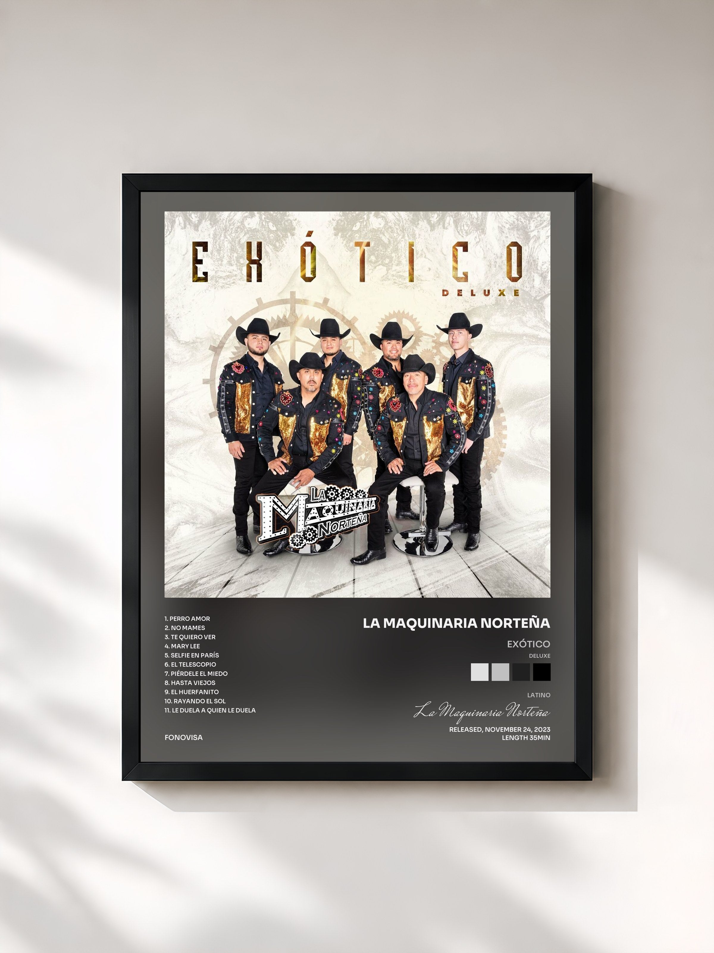 #noir Tableau de l'album Exótico (Deluxe) de La Maquinaria Norteña, cadre noir, imprimé et encadré en France