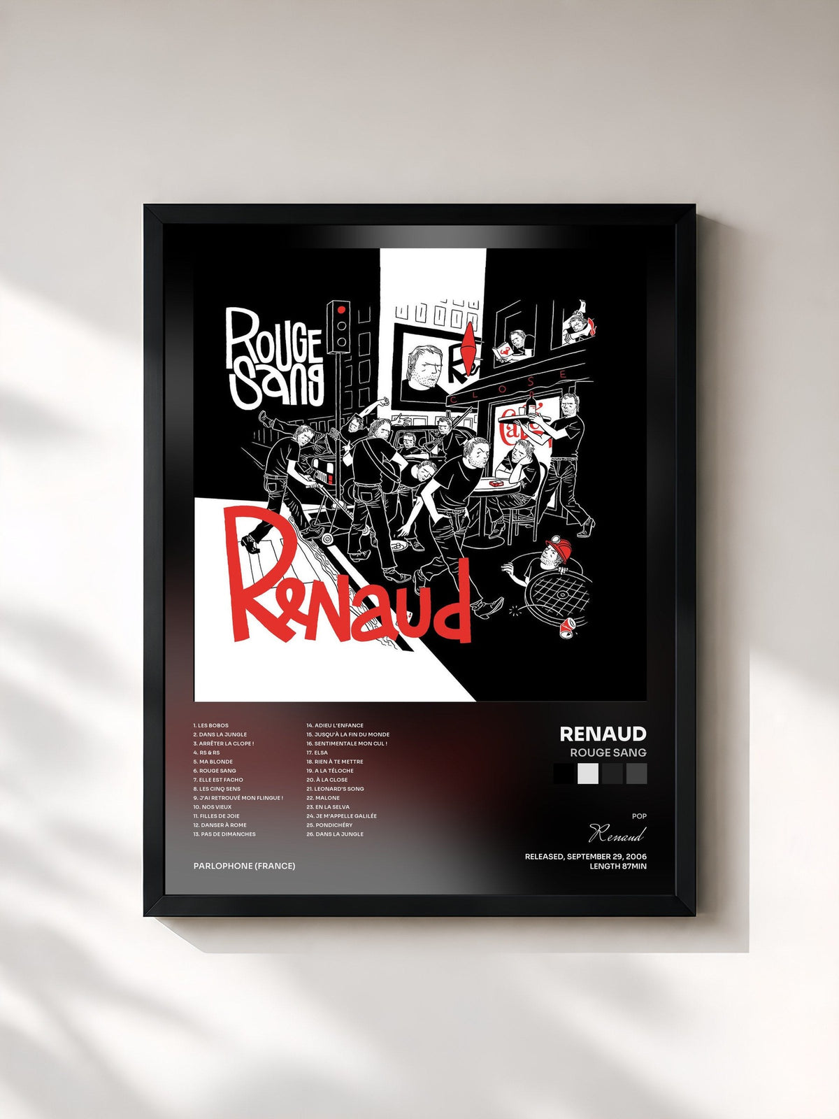 #noir Tableau de l'album Rouge Sang de Renaud, cadre noir, imprimé et encadré en France