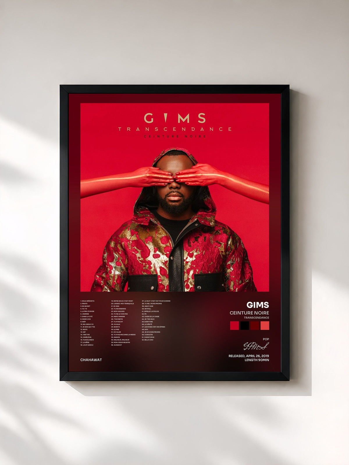 #noir Tableau de l'album Ceinture noire (Transcendance) de GIMS, cadre noir, imprimé et encadré en France