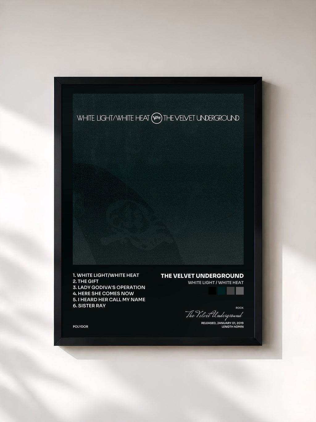 #noir Tableau de l'album White Light / White Heat de The Velvet Underground, cadre noir, imprimé et encadré en France