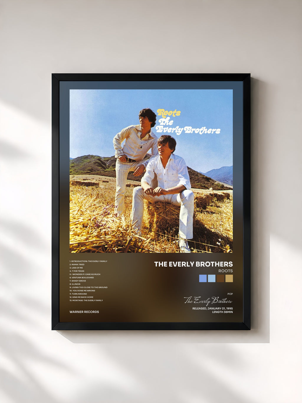 #noir Tableau de l'album Roots de The Everly Brothers, cadre noir, imprimé et encadré en France