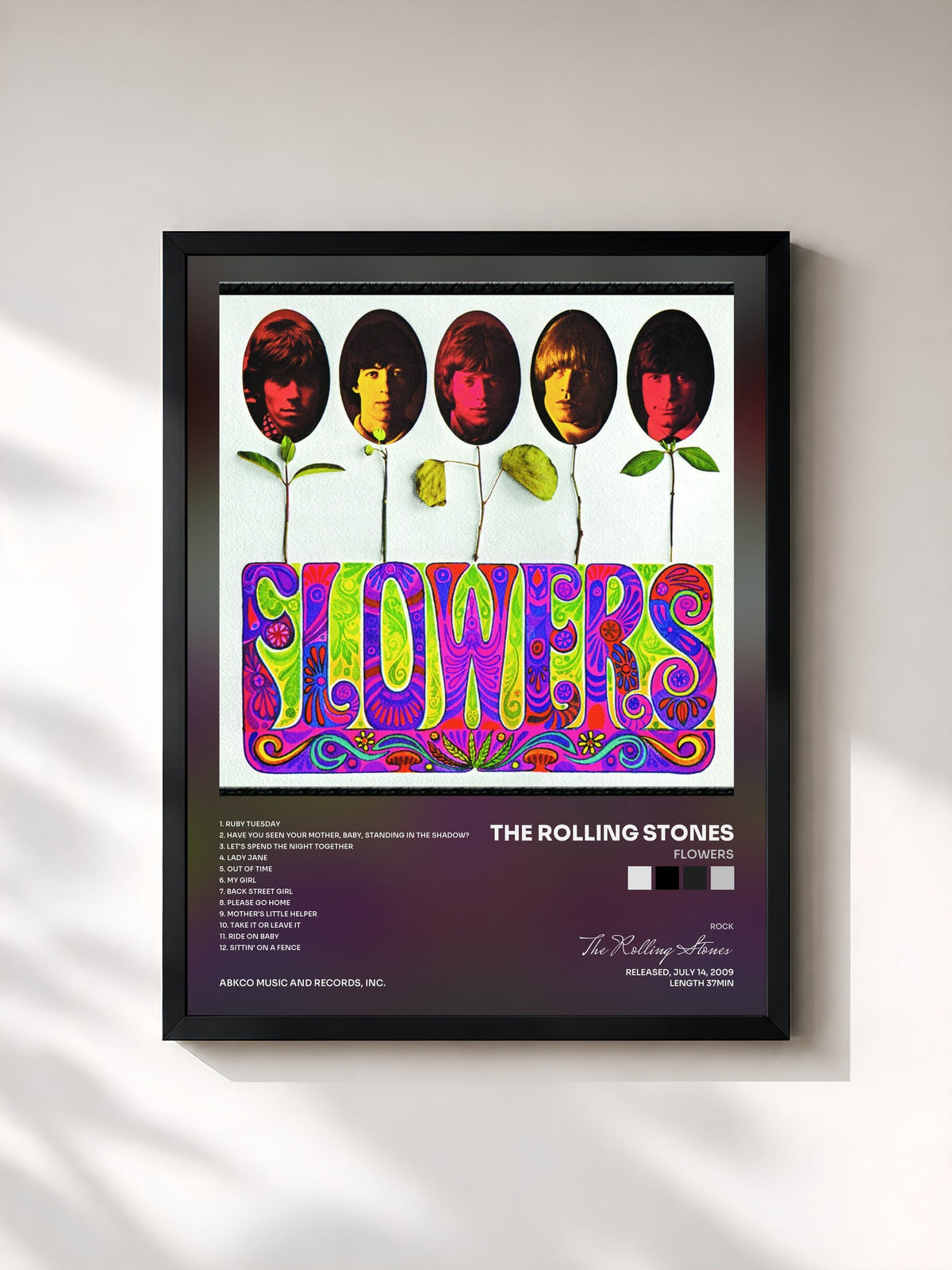 #noir Tableau de l'album Flowers de The Rolling Stones, cadre noir, imprimé et encadré en France