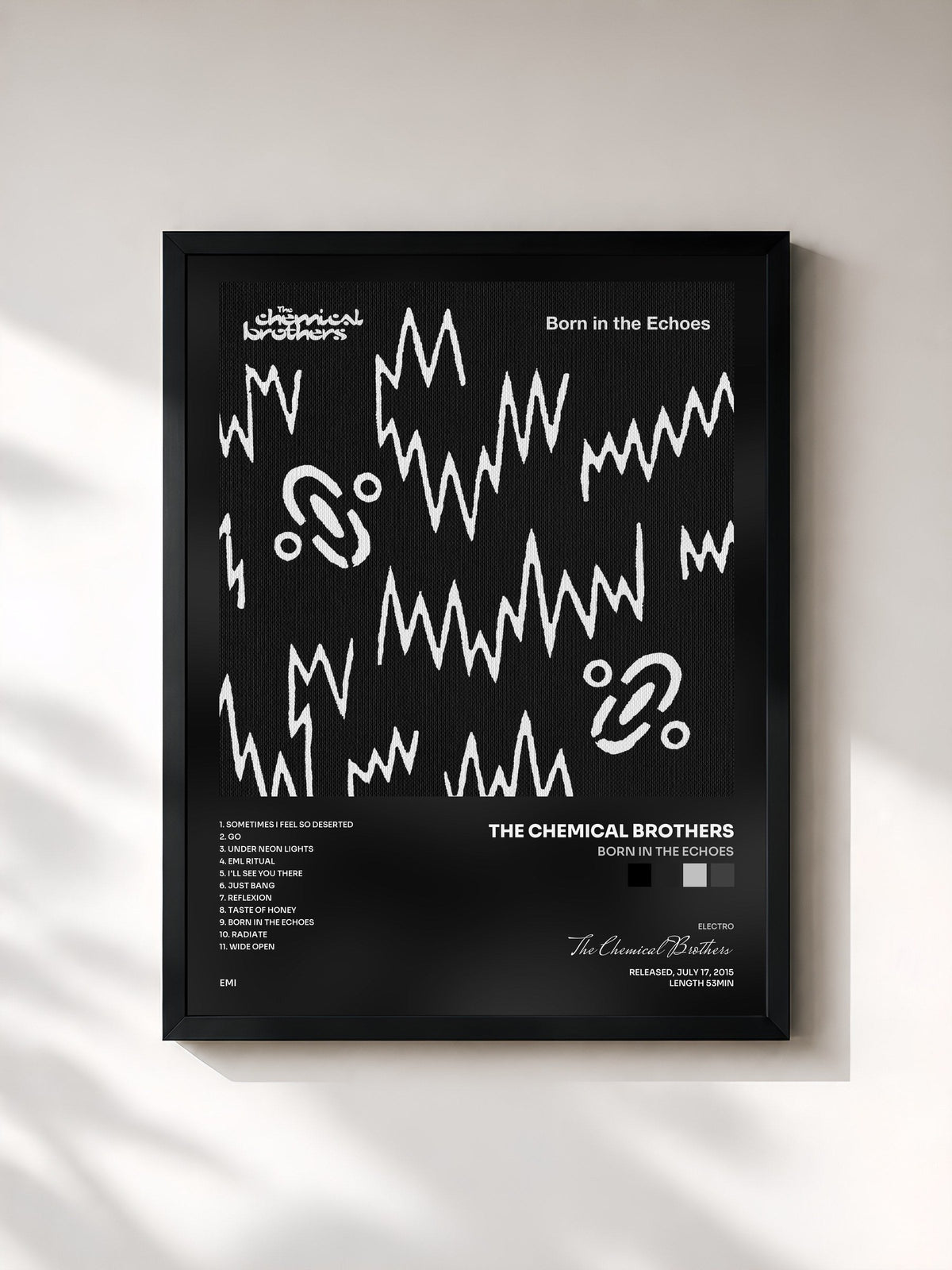 #noir Tableau de l'album Born In The Echoes de The Chemical Brothers, cadre noir, imprimé et encadré en France