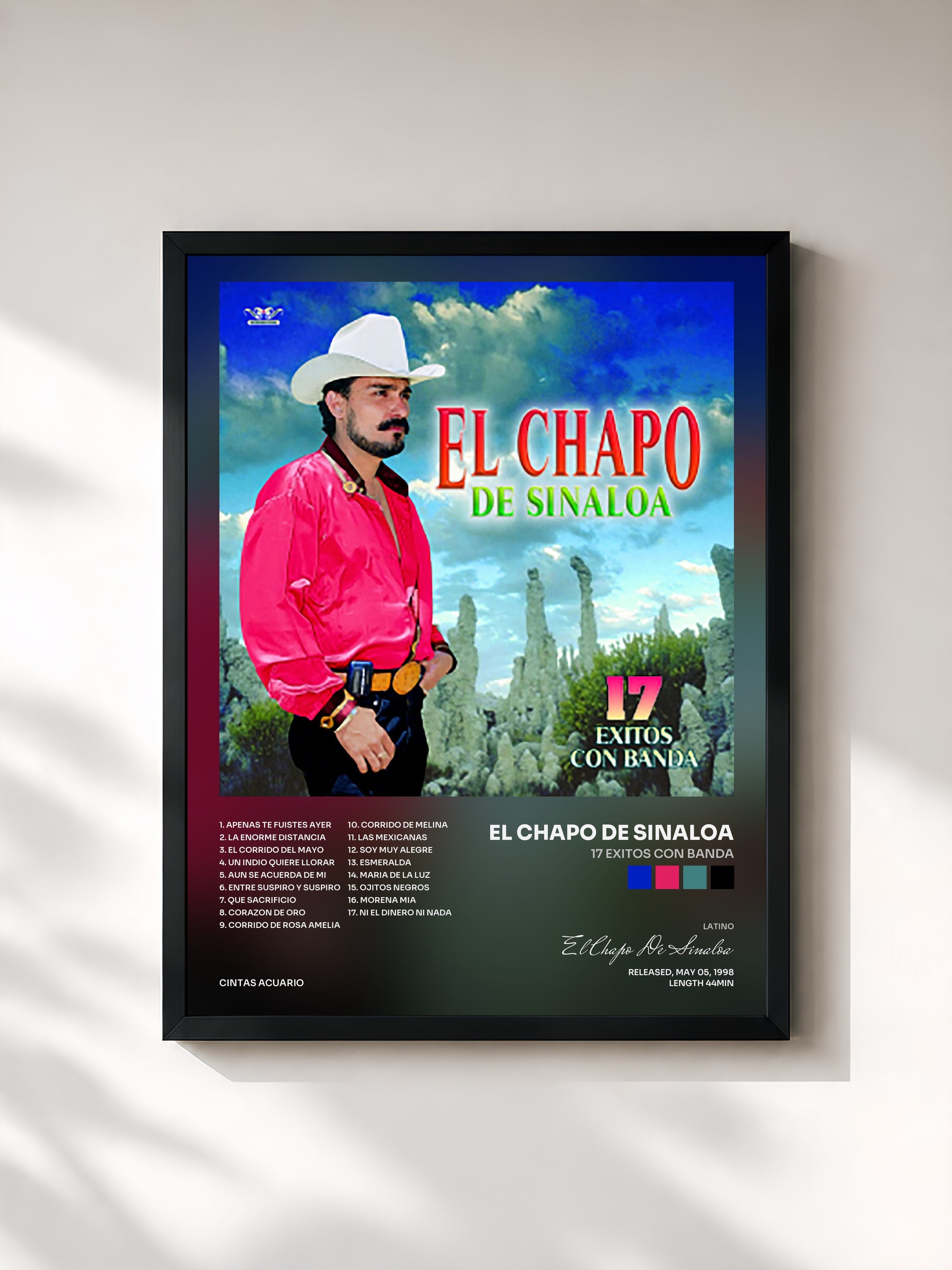 #noir Tableau de l'album 17 Exitos Con Banda de El Chapo De Sinaloa, cadre noir, imprimé et encadré en France