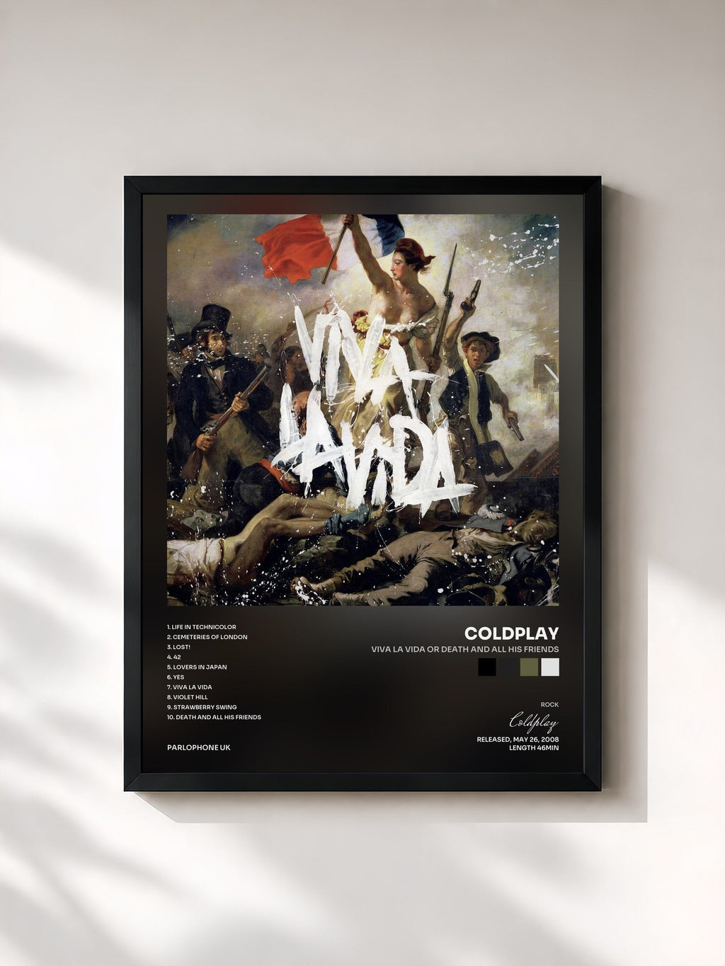 #noir Tableau de l'album Viva La Vida or Death and All His Friends de Coldplay, cadre noir, imprimé et encadré en France
