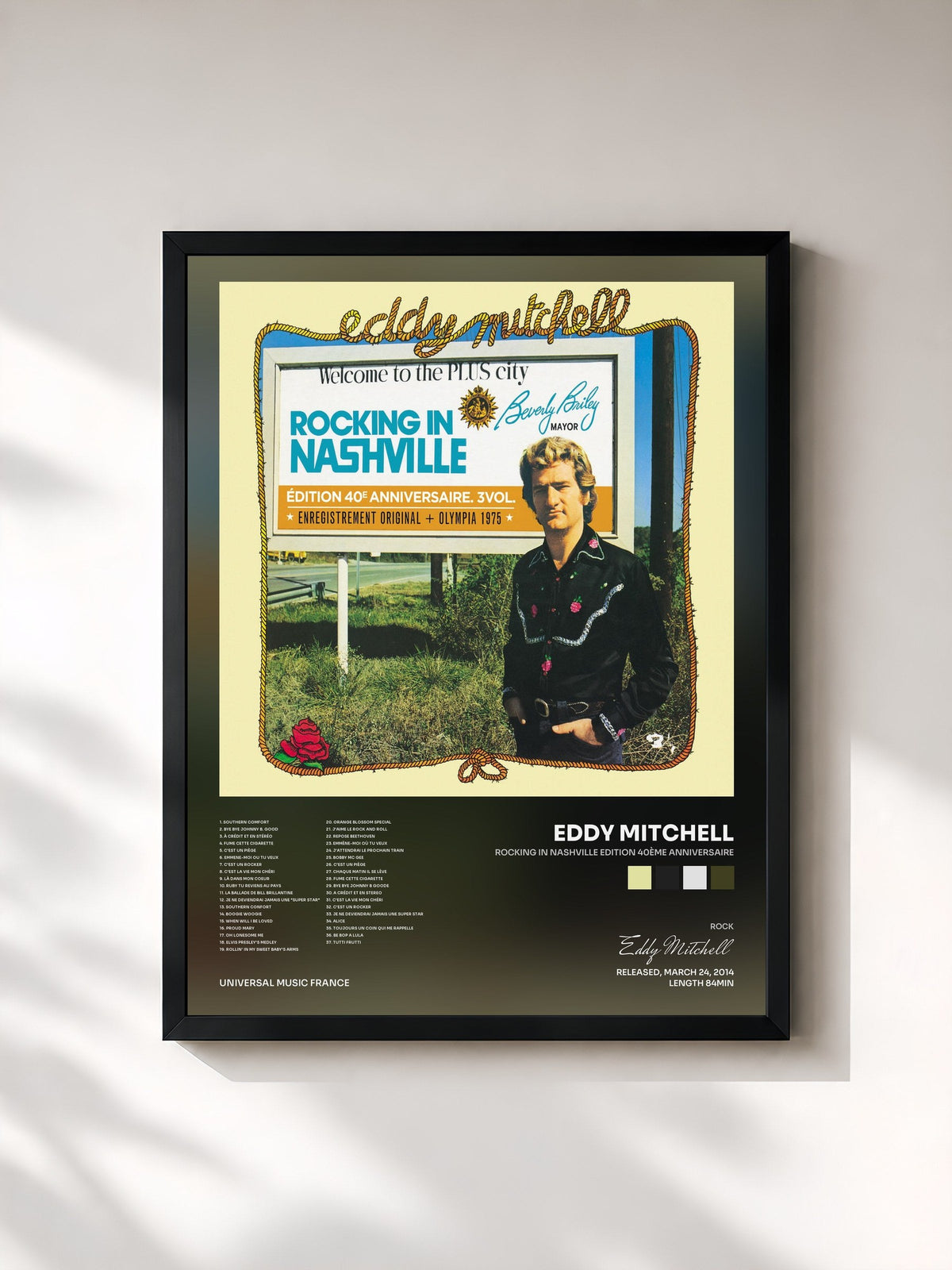 #noir Tableau de l'album Rocking In Nashville Edition 40ème Anniversaire de Eddy Mitchell, cadre noir, imprimé et encadré en France