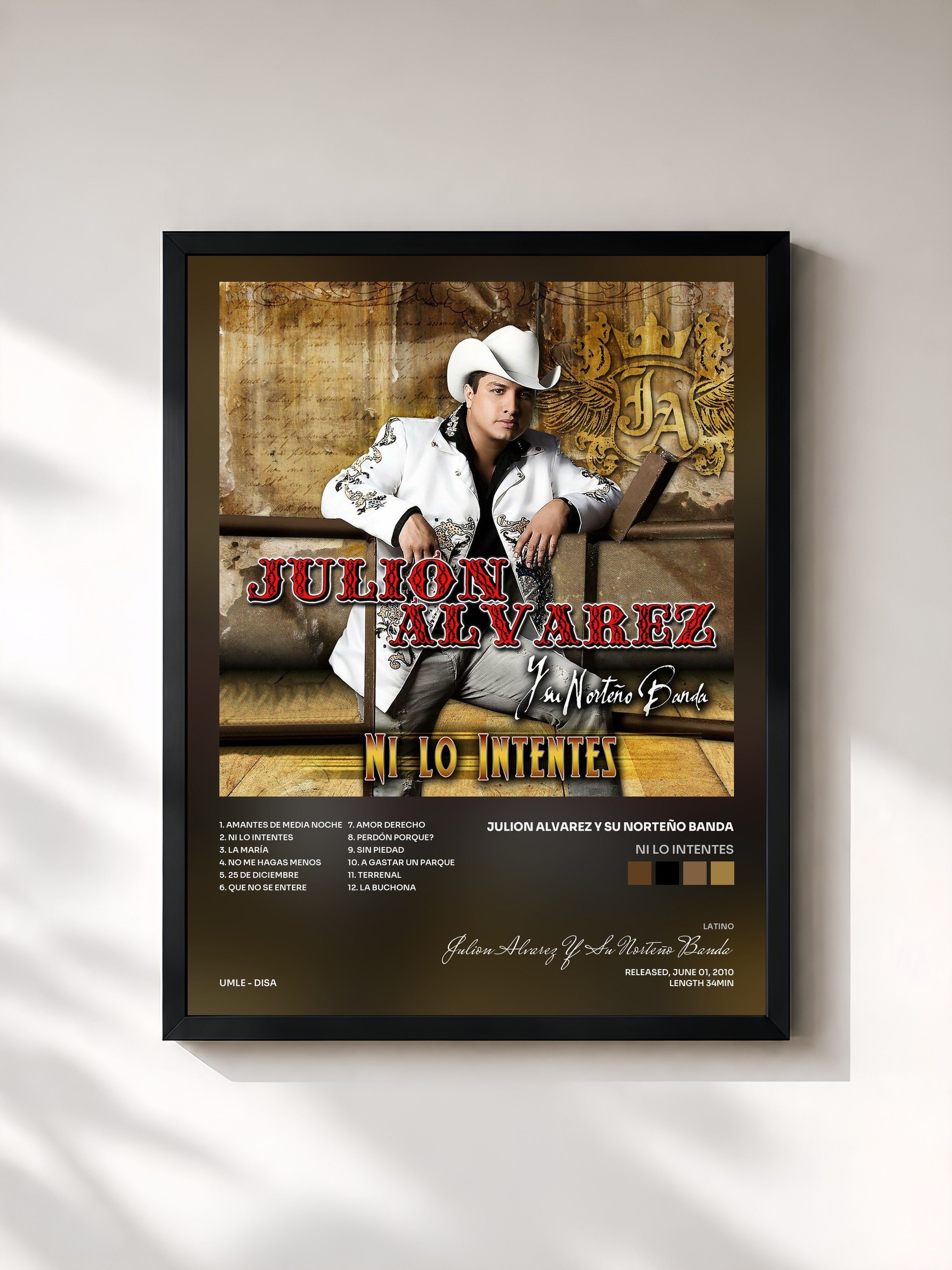 #noir Tableau de l'album Ni Lo Intentes de Julion Alvarez Y Su Norteño Banda, cadre noir, imprimé et encadré en France