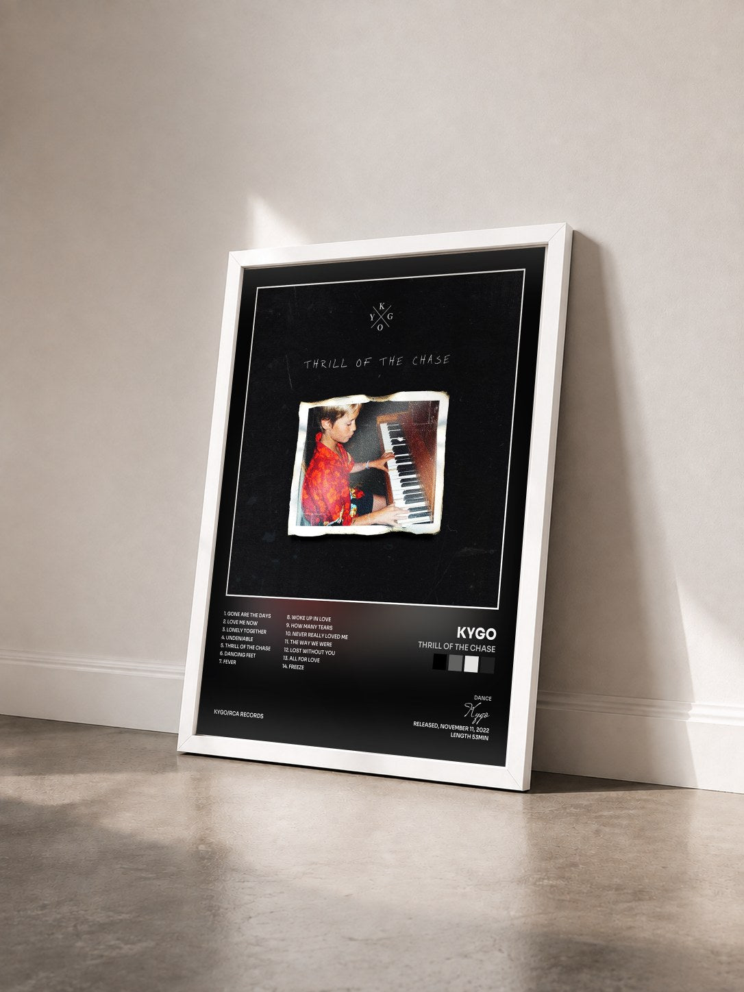 #blanc Tableau de l'album Thrill Of The Chase de Kygo vu de trois quarts, cadre blanc