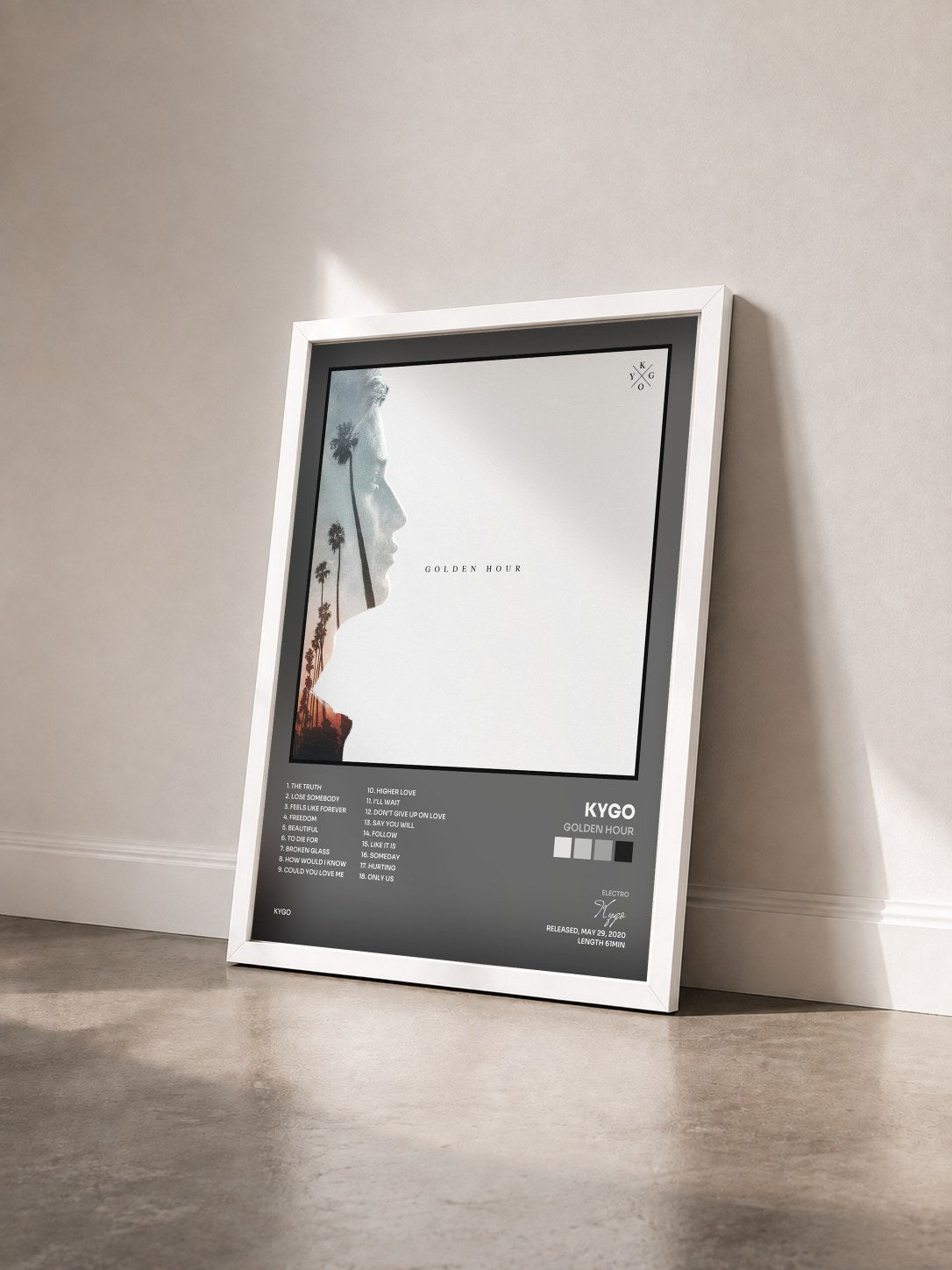 #blanc Tableau de l'album Golden Hour de Kygo vu de trois quarts, cadre blanc
