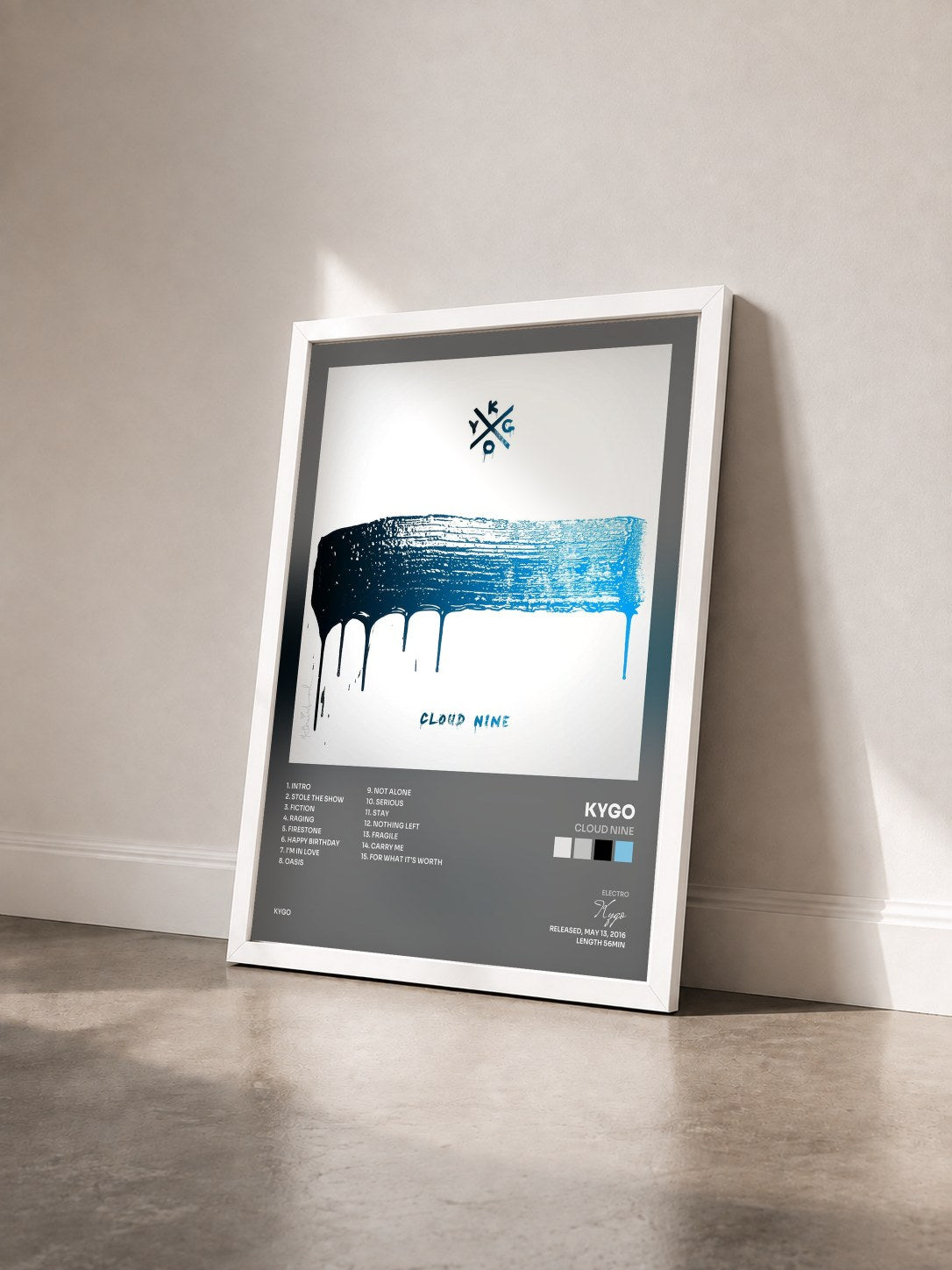 #blanc Tableau de l'album Cloud Nine de Kygo vu de trois quarts, cadre blanc