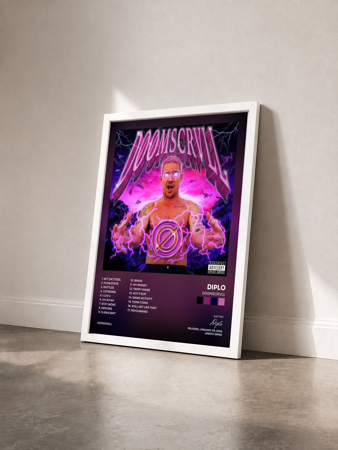 #blanc Tableau de l'album d00mscrvll de Diplo vu de trois quarts, cadre blanc