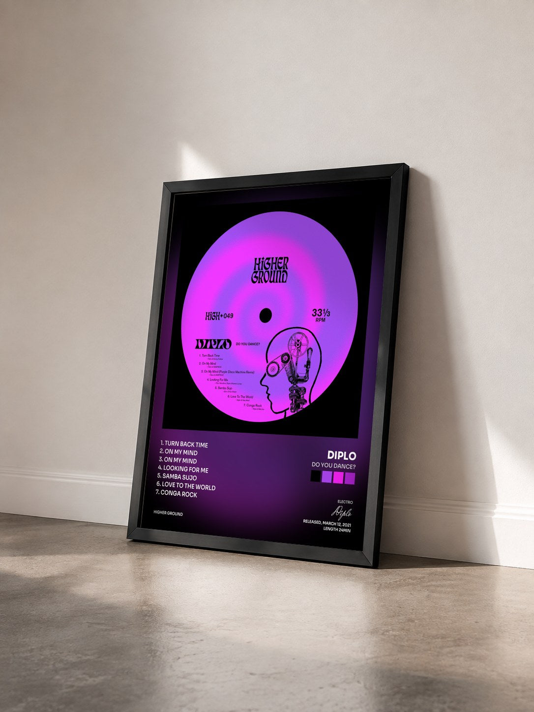 #noir Tableau de l'album Do You Dance? de Diplo vu de trois quarts, cadre noir