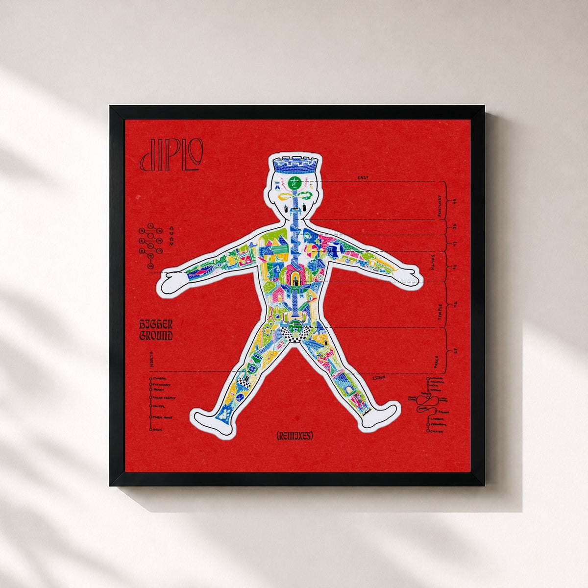 #noir Tableau carré de l'album Higher Ground (Remixes) de Diplo, cadre noir 32x32 cm