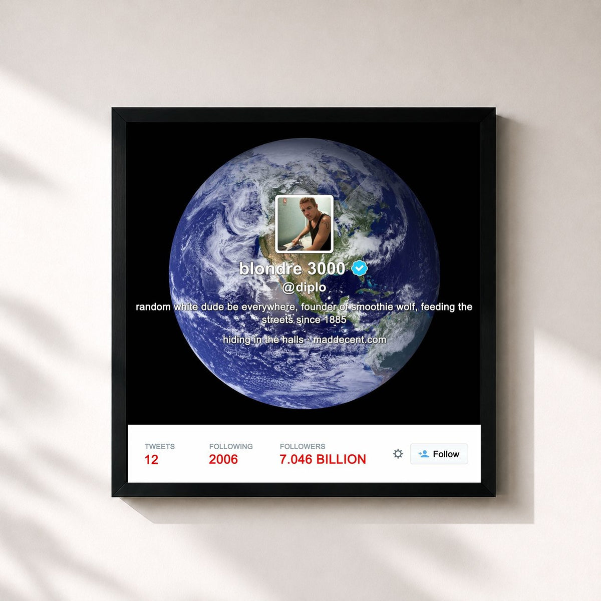 #noir Tableau carré de l'album Random White Dude Be Everywhere de Diplo, cadre noir 32x32 cm