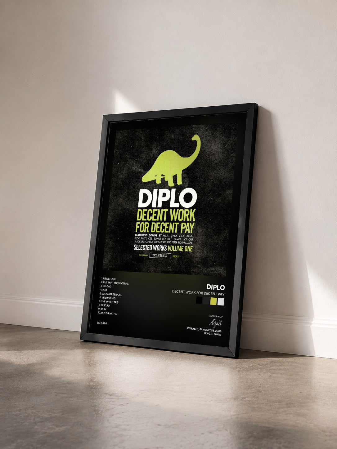 #noir Tableau de l'album Decent Work For Decent Pay de Diplo vu de trois quarts, cadre noir