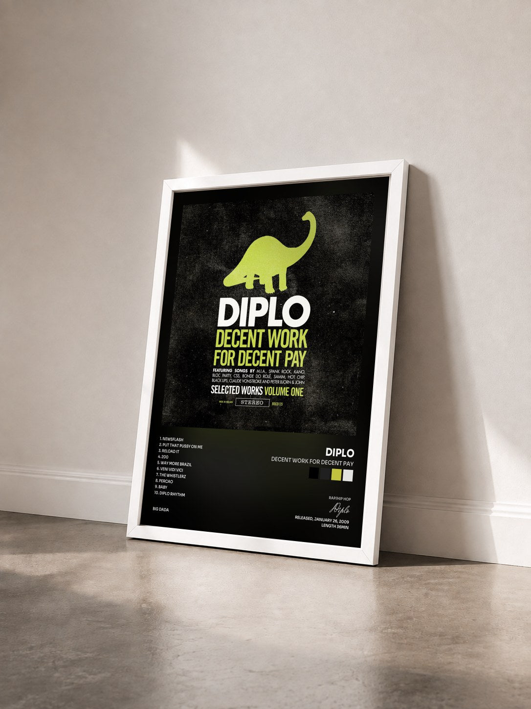 #blanc Tableau de l'album Decent Work For Decent Pay de Diplo vu de trois quarts, cadre blanc
