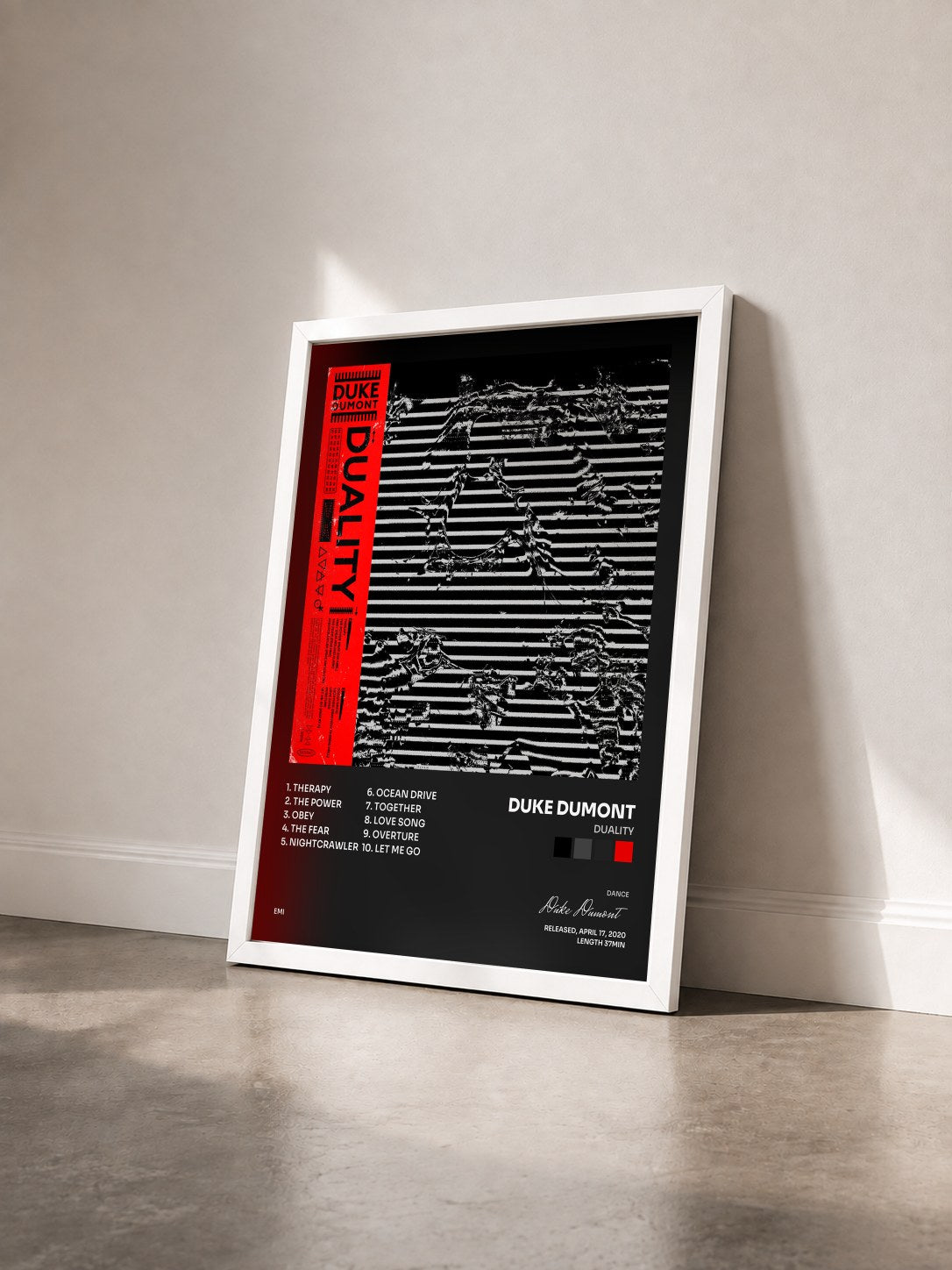 #blanc Tableau de l'album Duality de Duke Dumont vu de trois quarts, cadre blanc