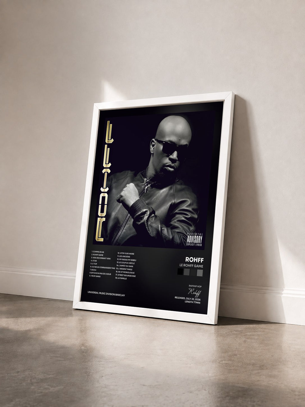 #blanc Le Rohff Game de Rohff en lámina enmarcada vista de tres cuartos, marco blanco