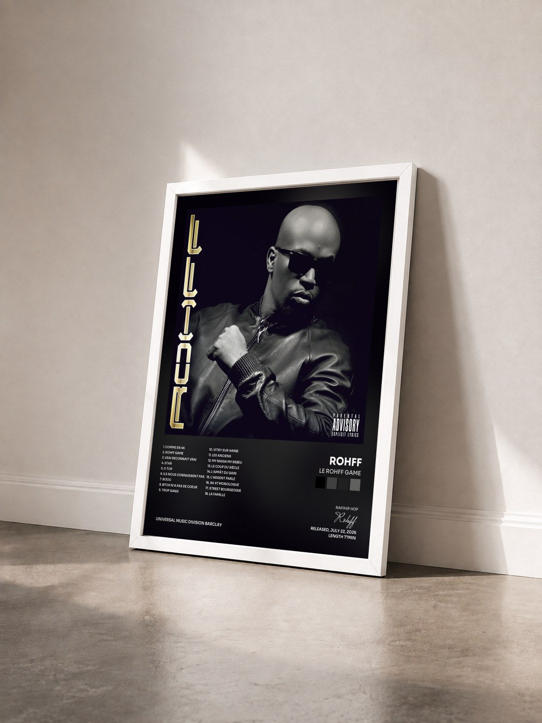 #blanc Le Rohff Game de Rohff en lámina enmarcada vista de tres cuartos, marco blanco