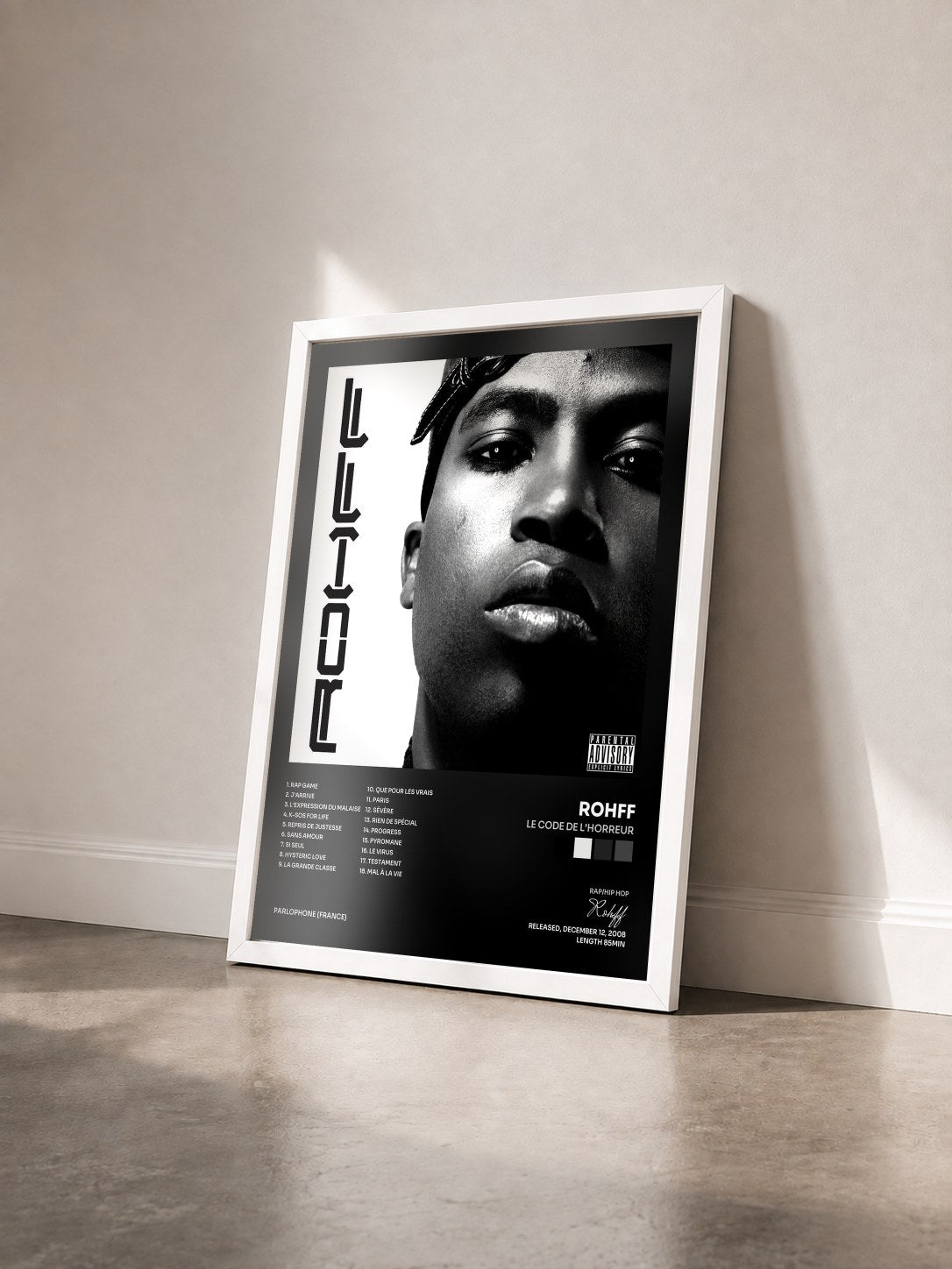 #blanc Tableau de l'album Le Code De L'horreur de Rohff vu de trois quarts, cadre blanc