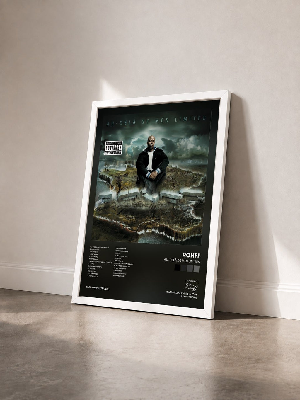 #blanc Tableau de l'album Au-Delà De Mes Limites de Rohff vu de trois quarts, cadre blanc