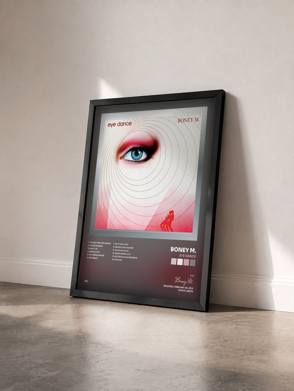 #noir Eye Dance by Boney M. as a framed art print seen at an angle, black frame
