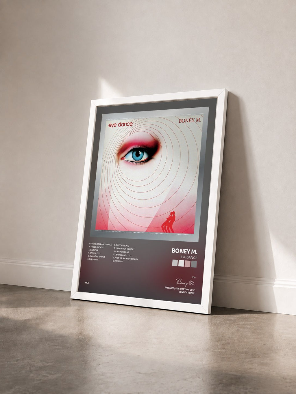 #blanc Eye Dance by Boney M. as a framed art print seen at an angle, white frame