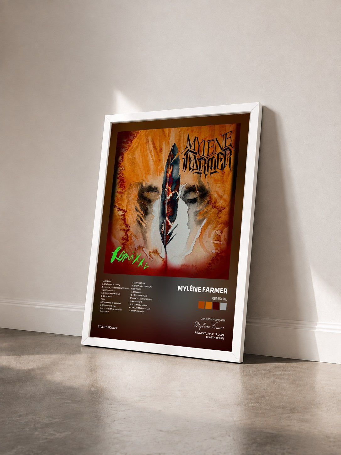 #blanc Tableau de l'album Remix XL de Mylène Farmer vu de trois quarts, cadre blanc