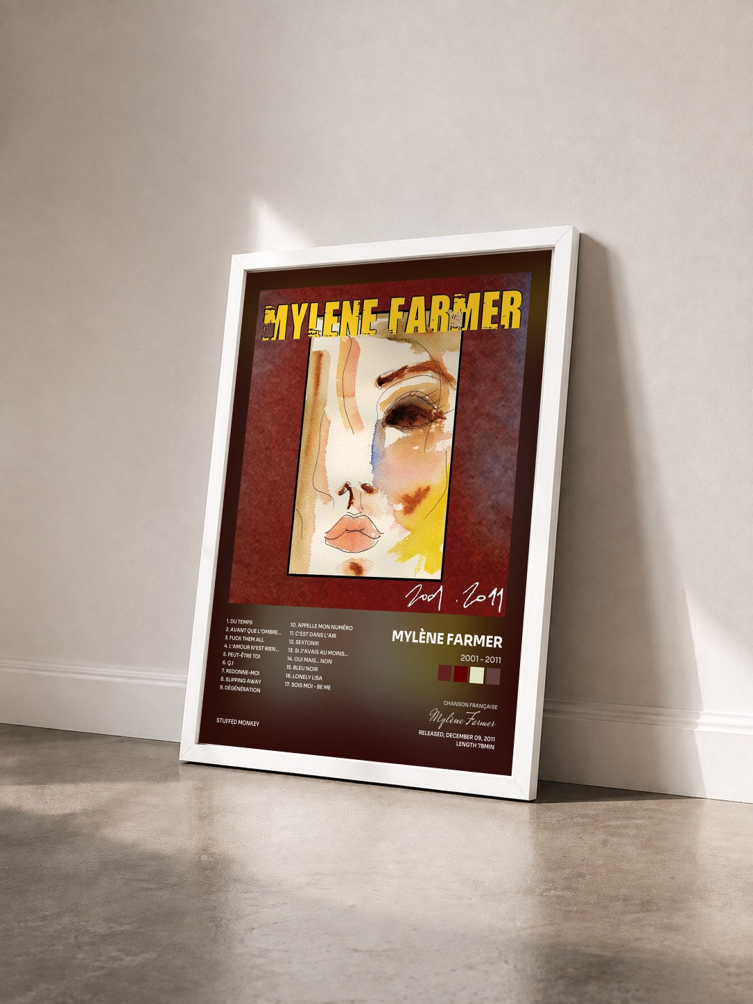#blanc Tableau de l'album 2001 - 2011 de Mylène Farmer vu de trois quarts, cadre blanc